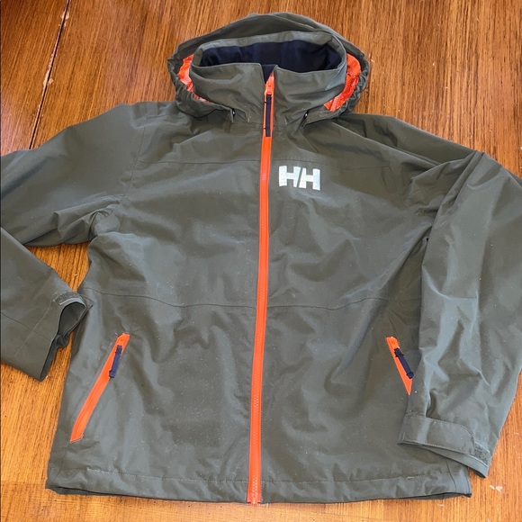 Helly Hansen Men's Olive Raincoat with Bright Orange Details